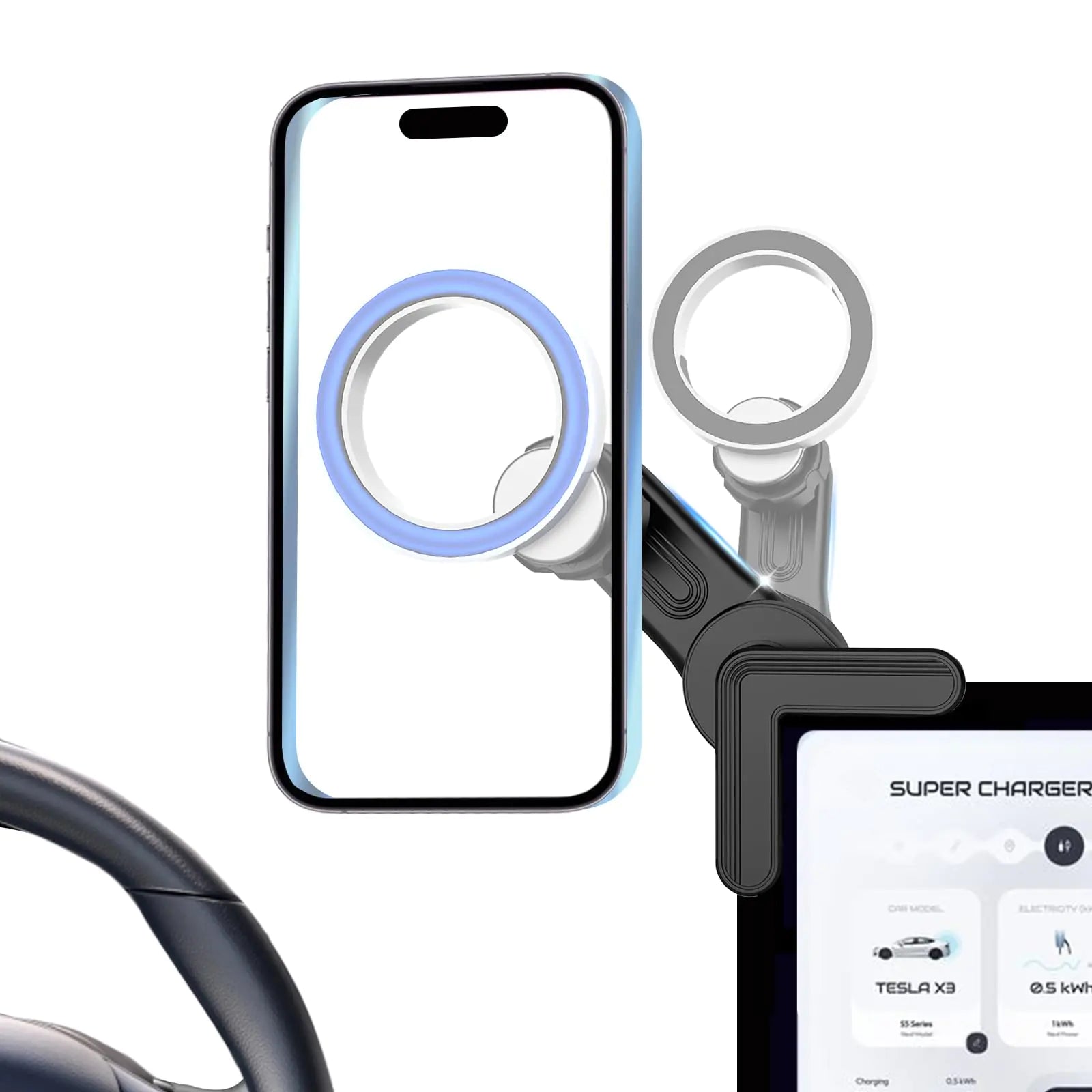 Rurswrity Tesla Phone Mount Magnet Phone Holder for Tesla Model 3/Y/X/S Accessories for Tesla Screen Mount Car Phone Holder Adjusted 360 ° for iPhone 15/14/13/12 Android Attached Magnetic Ring